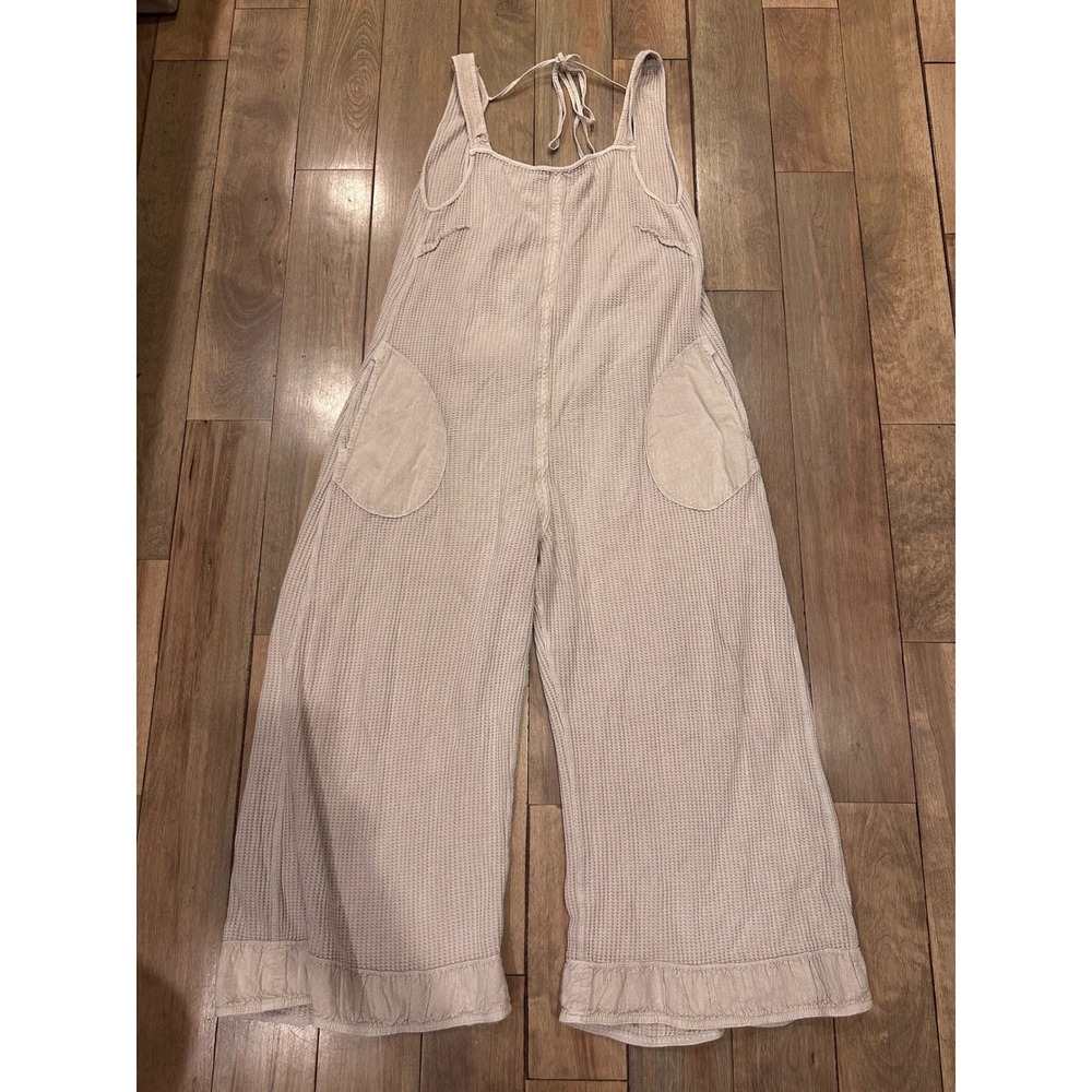 FP One Free People Waffle Knit Wide Leg Jumpsuit Ruffle Hem‎ Beige XS